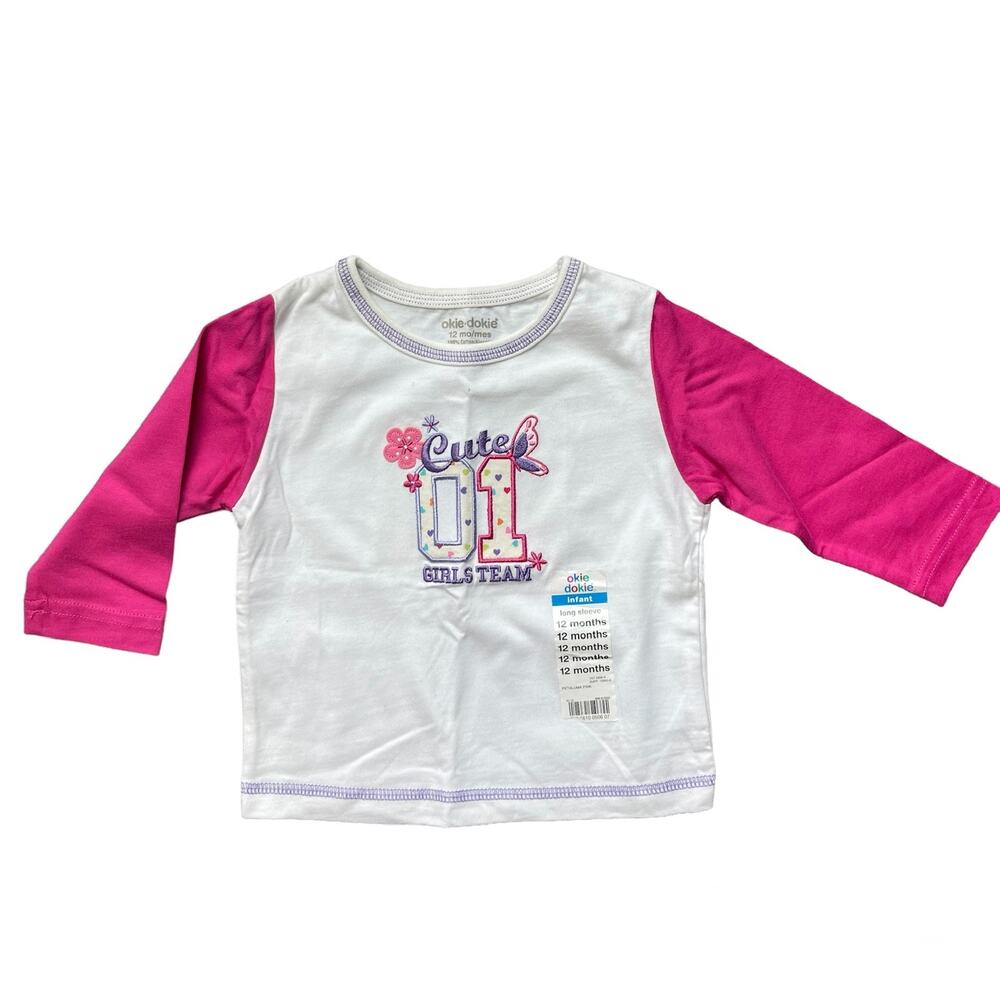 NEW NWT Baby Girls 12 Months White Hot Pink Long Sleeve Graphic Raglan Tee Shirt